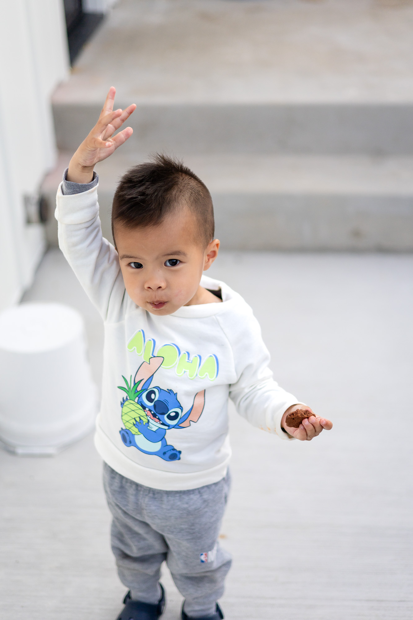 Little boy in Stitch sweatshirt holding cookie and gesturing up – Tips for Family Photos with Toddlers - ellobelle photography