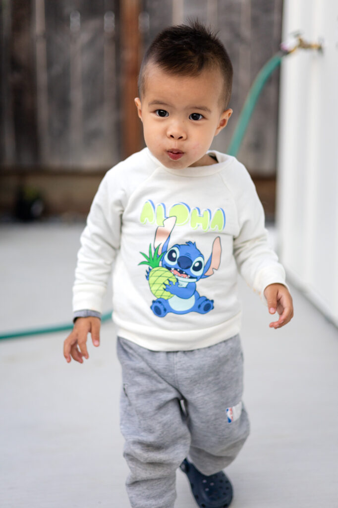 Toddler walking and looking curious with cookie in hand – Tips for Family Photos with Toddlers - ellobelle photography