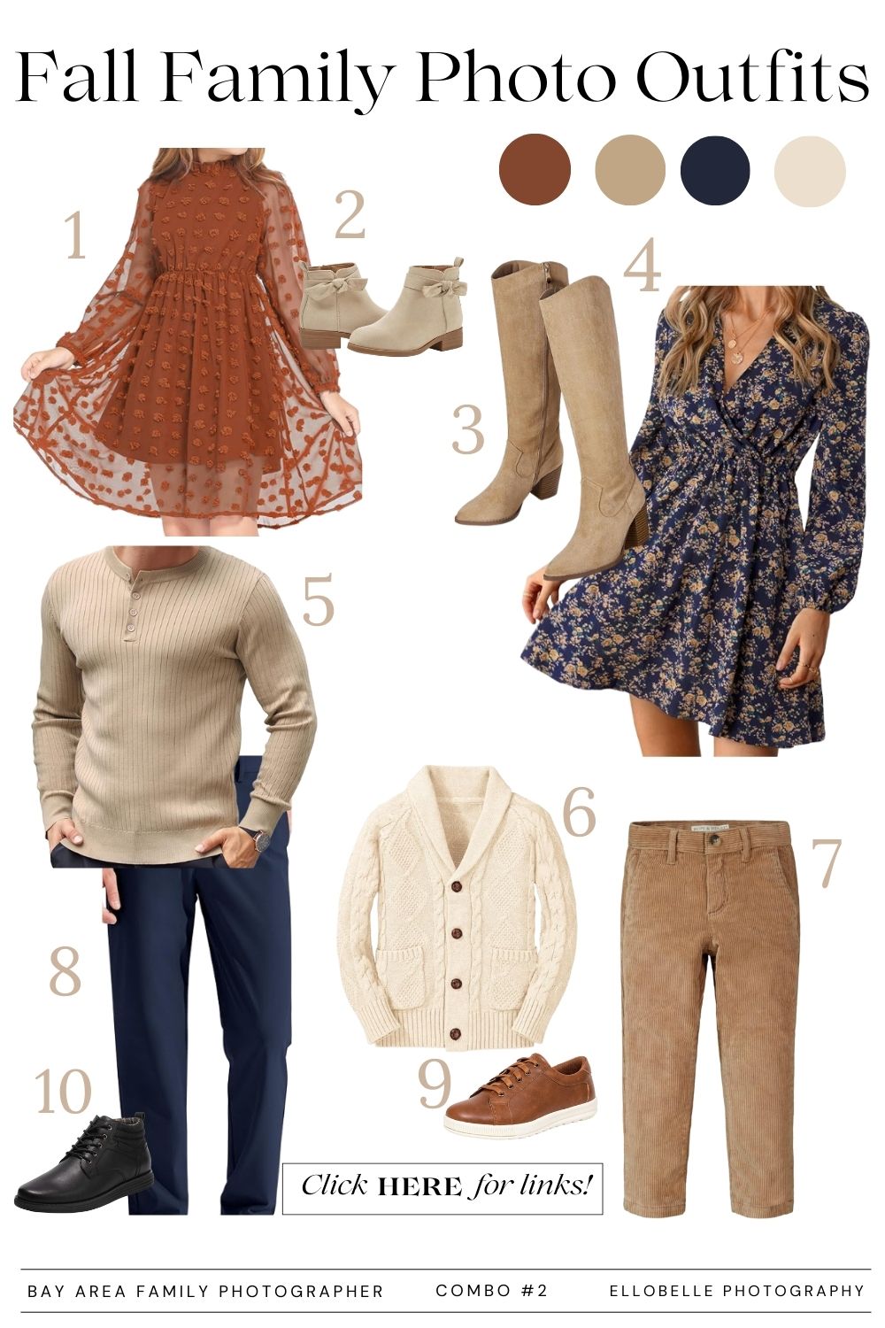 Coordinated Fall Family Photos Outfits with rust dress, navy floral dress, cream sweaters, and tan boots – Ellobelle Photography
