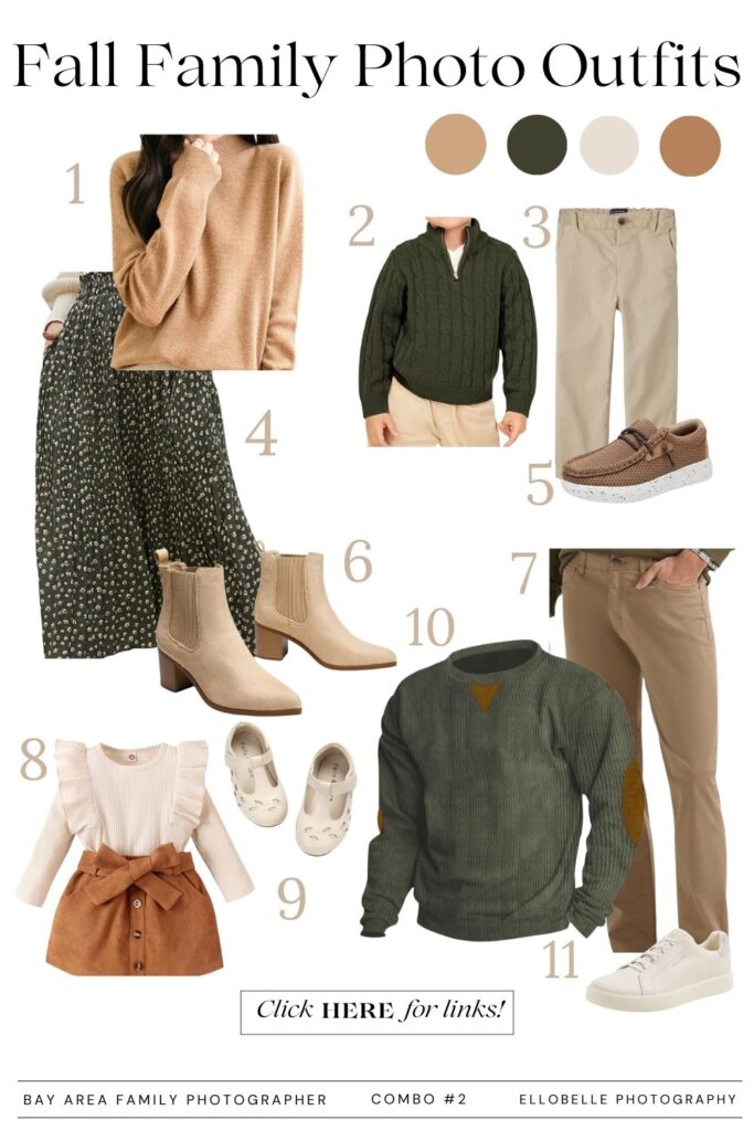 Fall Family Photos Outfits featuring cozy knits, olive green tones, tan chinos, and neutral boots – Ellobelle Photography
