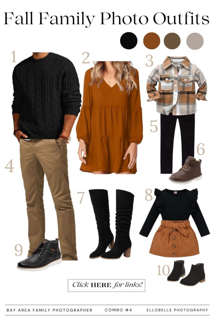Modern Fall Family Photos Outfits with black sweater, burnt orange dress, plaid shirt, and tall black boots – Ellobelle Photography