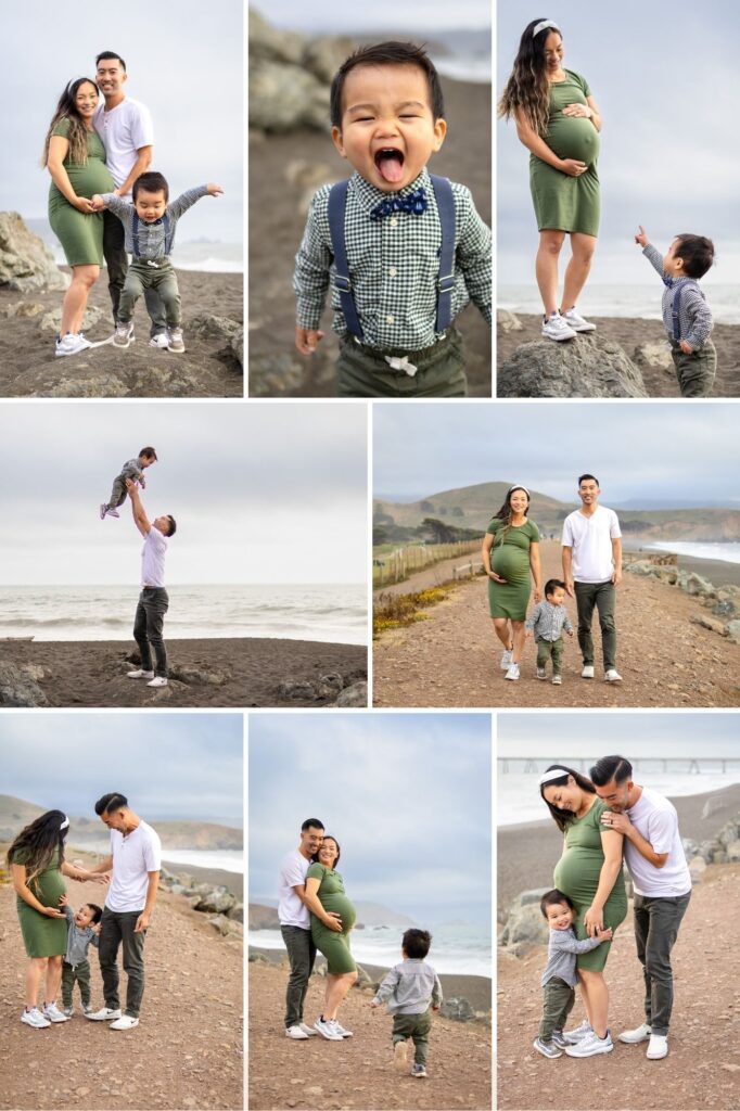 Family smiling on rocks at Mori Point Beach, Pacifica during Bay Area Mini Sessions – Ellobelle Photography