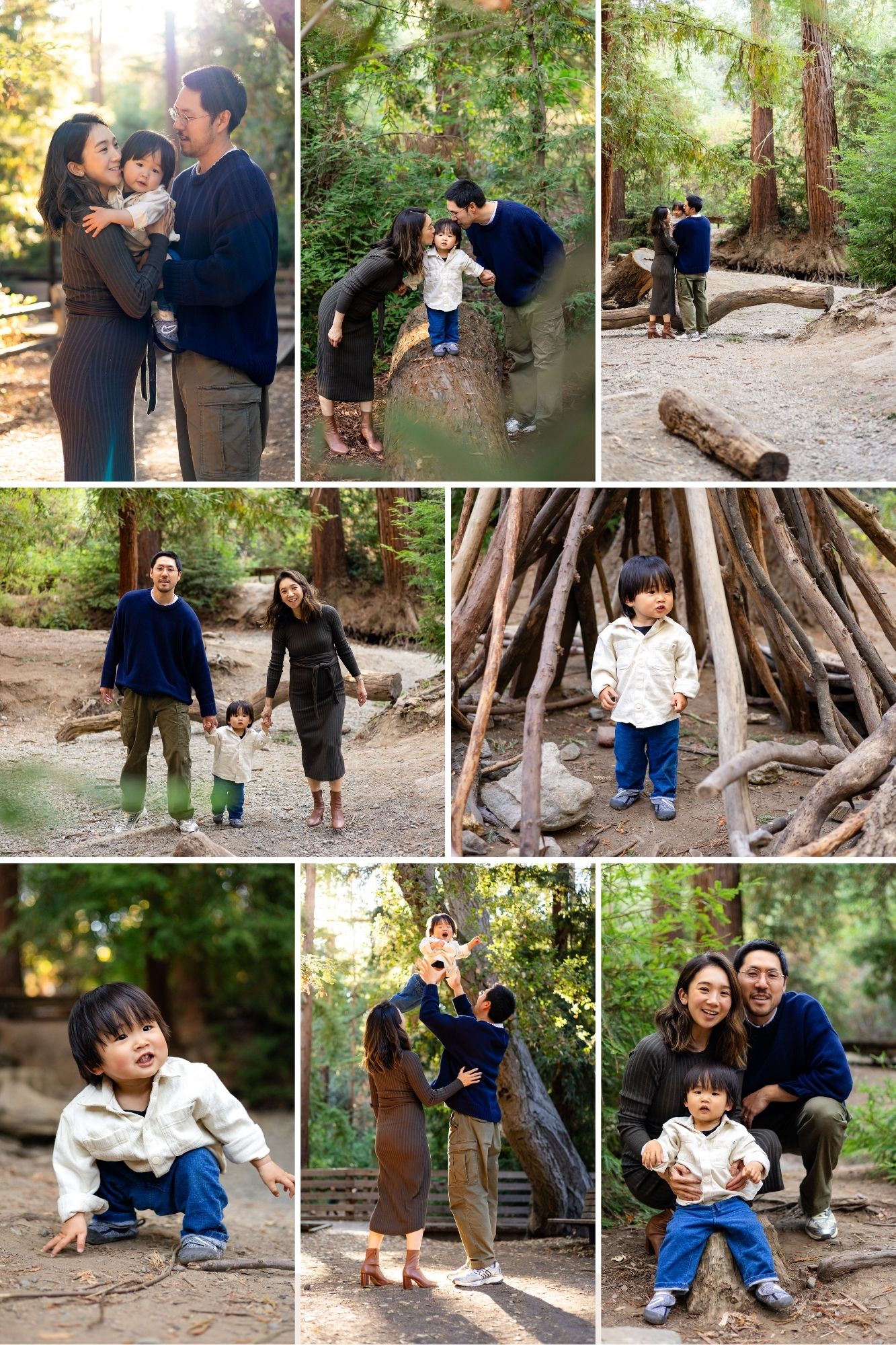 Family walking hand in hand through redwoods at Bay Area Mini Sessions 2025 – Ellobelle Photography