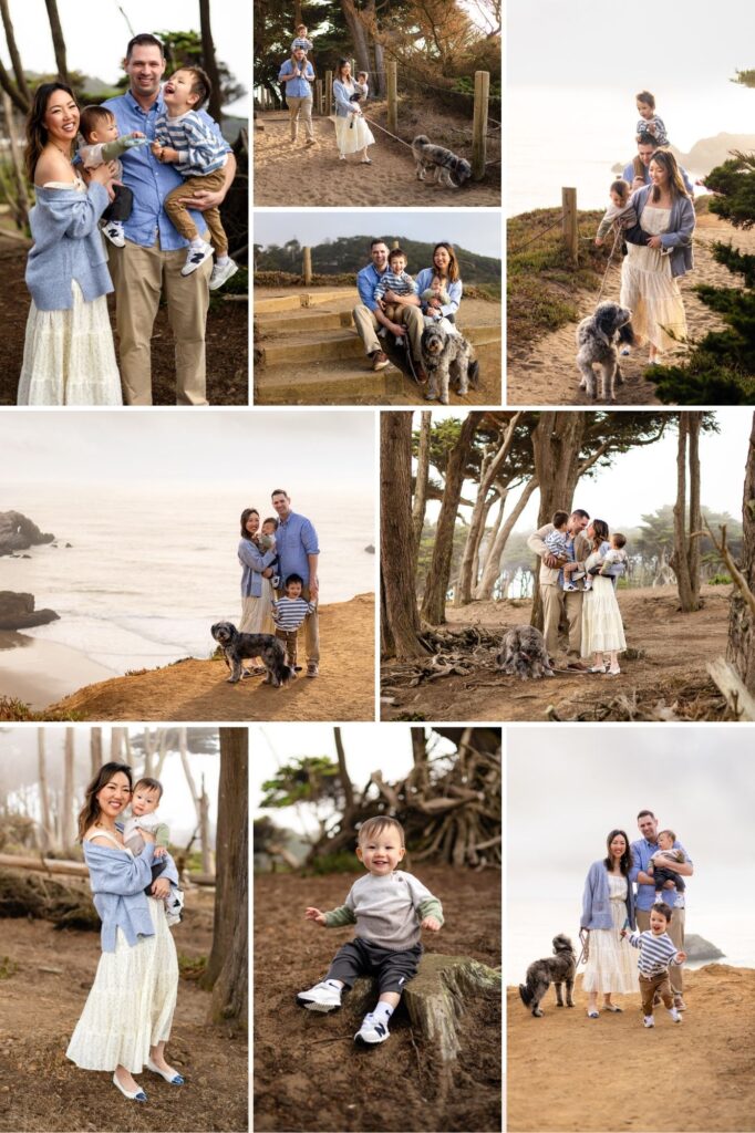 Smiling family with two toddlers and dog at Lands End San Francisco – Ellobelle Photography