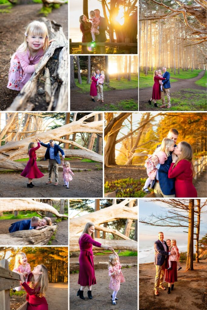 A family photography collage captured during golden hour in a coastal cypress tree grove. A toddler girl in a pink floral dress smiles while leaning on a fallen log, parents hold and cuddle her among tall trees, the family walks hand in hand beneath twisted branches, and they embrace near an ocean overlook with warm sunset light filtering through the forest.