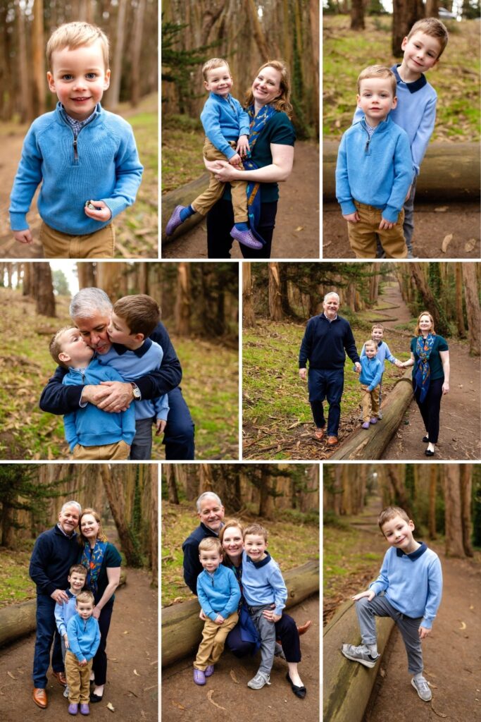 A collage of family photos taken in a wooded park in Presidio Lovers’ Lane shows two young boys in blue sweaters smiling at the camera, being held by their mother, hugging their father, walking together along a forest path, and posing as a full family among tall trees and fallen logs.