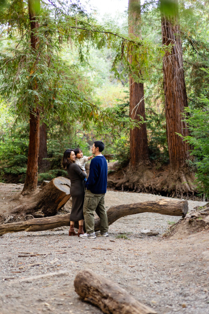 Family standing together under tall trees at Redwood Grove Los Altos – Ellobelle Photography