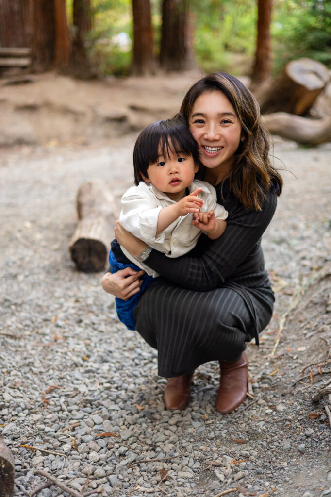 Happy mother holding toddler close at Redwood Grove Nature Preserve photos – Ellobelle Photography