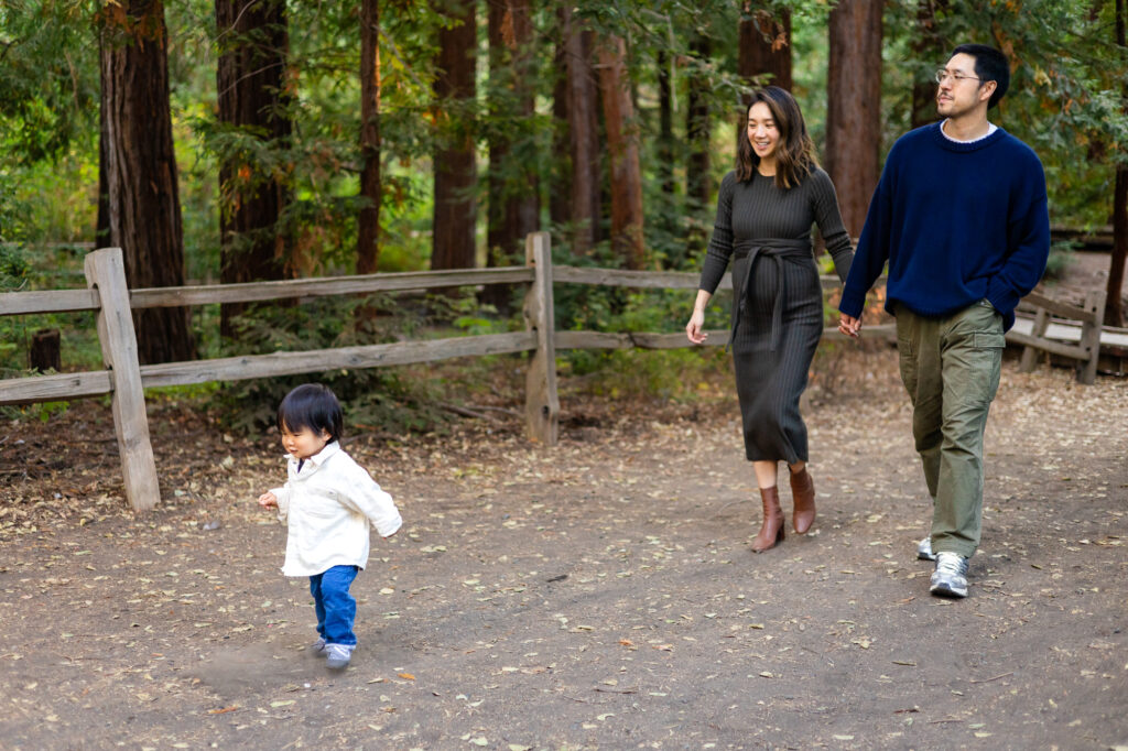 Young boy leading the way on trail during Redwood Grove Los Altos family session Redwood Grove Nature Preserve photos Ellobelle Photography