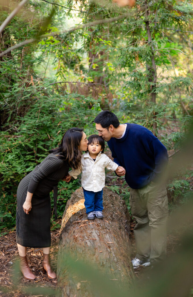 Parents kissing child on log at Redwood Grove Los Altos – Ellobelle Photography