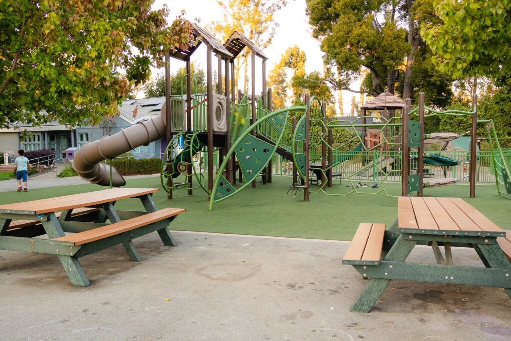 Playground with slide and benches at Village Park Burlingame – Ellobelle Photography