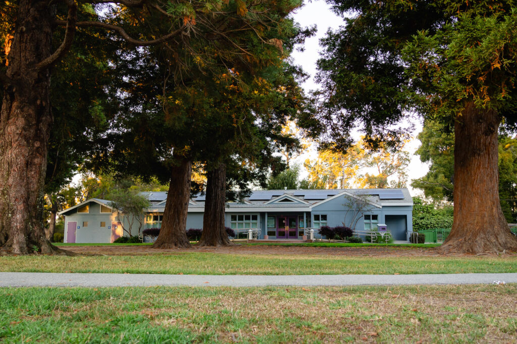 Village Park Preschool building Burlingame framed by redwood trees – Ellobelle Photography