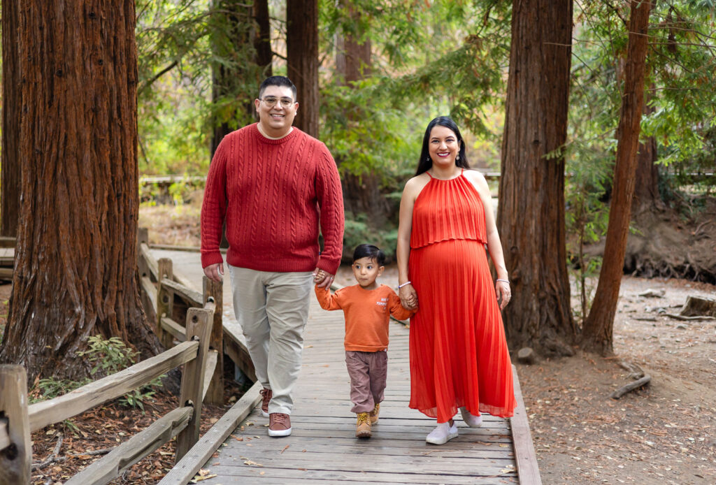 Family holding hands and walking through redwoods during Bay Area maternity session – Ellobelle Photography