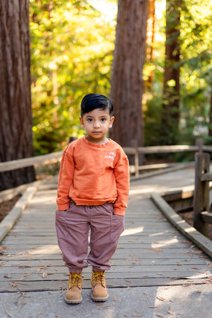 Toddler standing alone on wooden bridge during fall Redwood Grove Los Alto family photoshoot