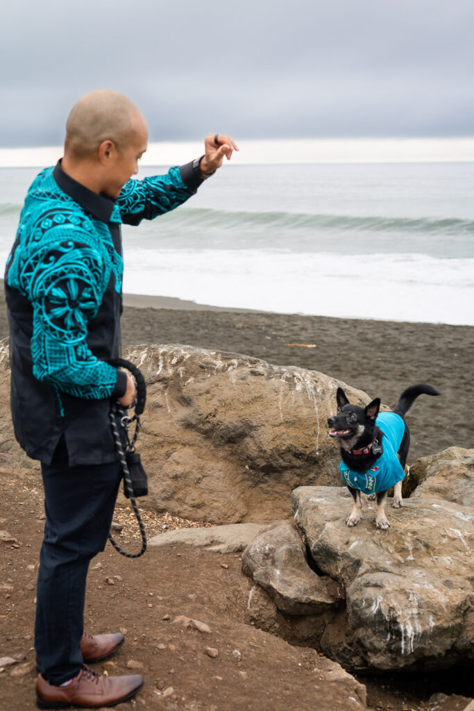 Man training his dog on a rocky beach during an energetic sweet moments with your dog during photos