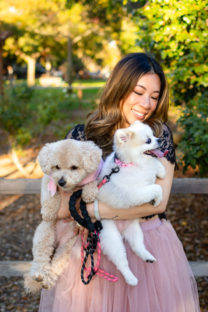 Woman smiling and holding two small dogs near a wooden fence at a park for dog photos