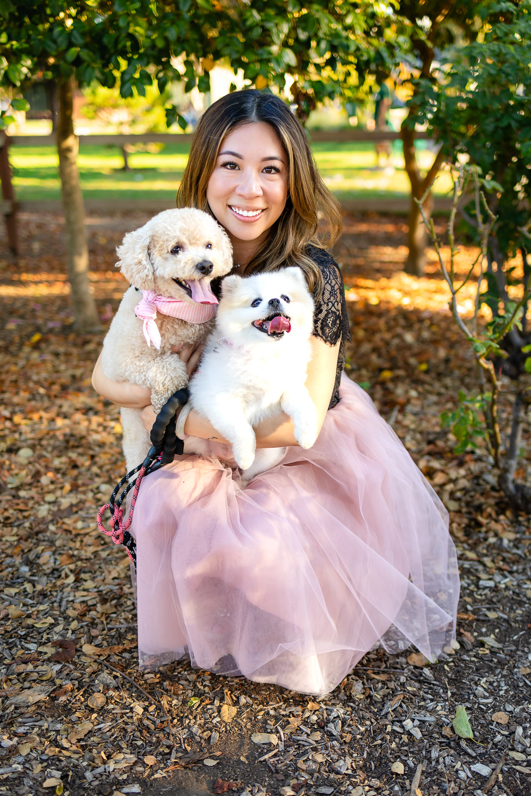 Pretty woman kneeling with two small dogs under leafy trees at a San Mateo park photographed by a San Francisco Dog Photographer – Ellobelle Photography