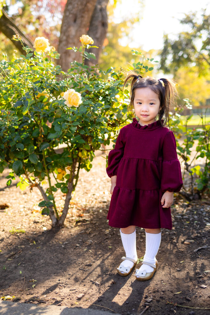 Toddler girl posing near yellow roses in a garden park for Family Photoshoot Tips