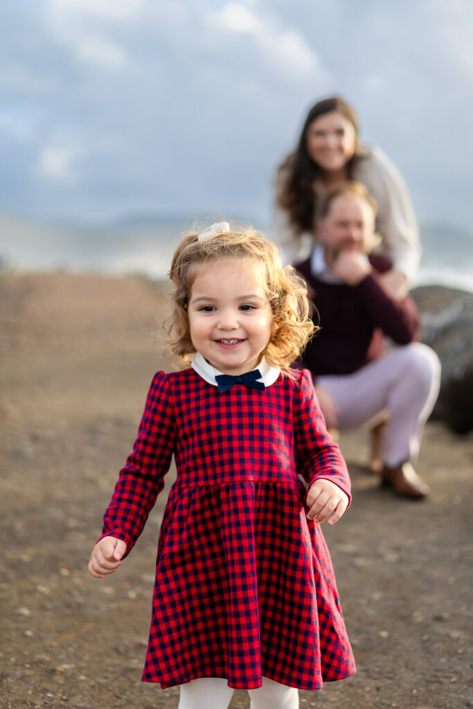 Toddler walking at Beach during a San Mateo parent community family session