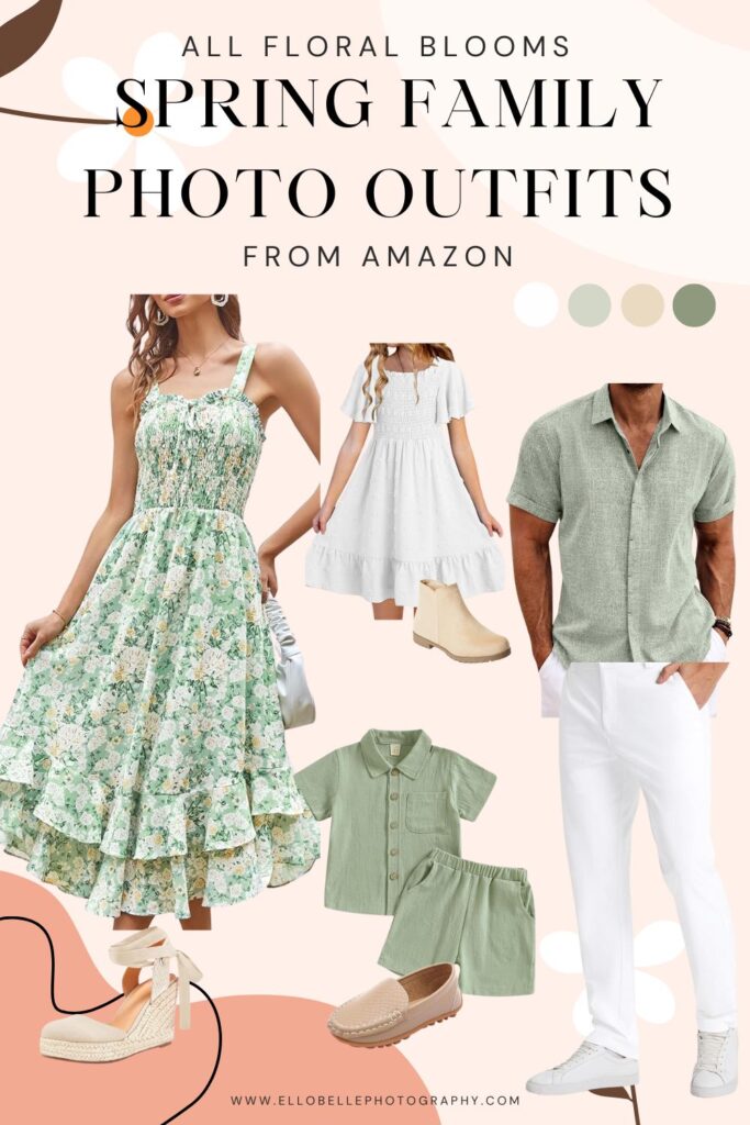 Curated spring outfit board with a green floral dress for mom, white dress for a child, soft green shirt for dad, and neutral shoes styled together.