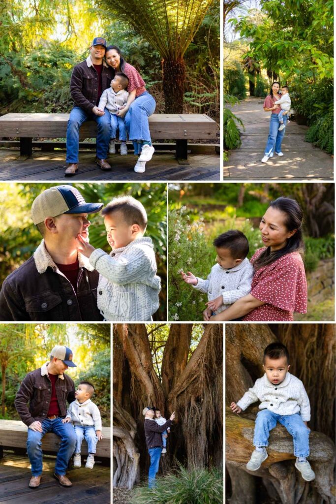 A family of three sitting closely on a wooden bench, parents holding their toddler while surrounded by lush greenery at the San Francisco Botanical Gardens, a favorite among Bay Area photography locations.