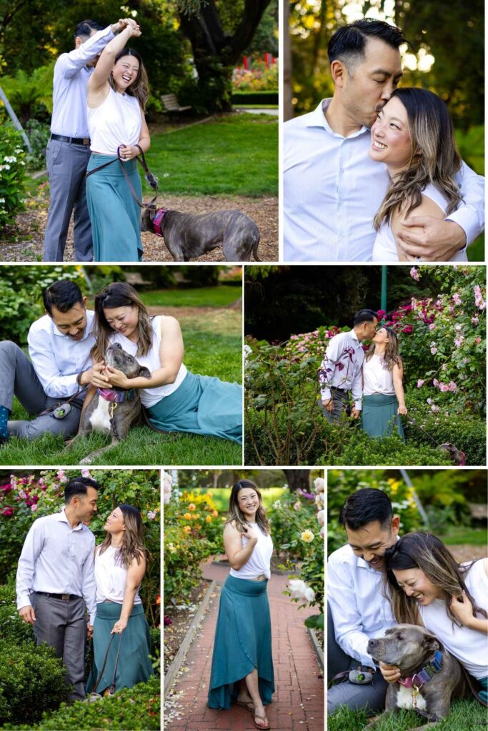 A couple walking, laughing, and cuddling together while walking their dog through a garden path at a San Mateo, a popular Bay Area Photography Location