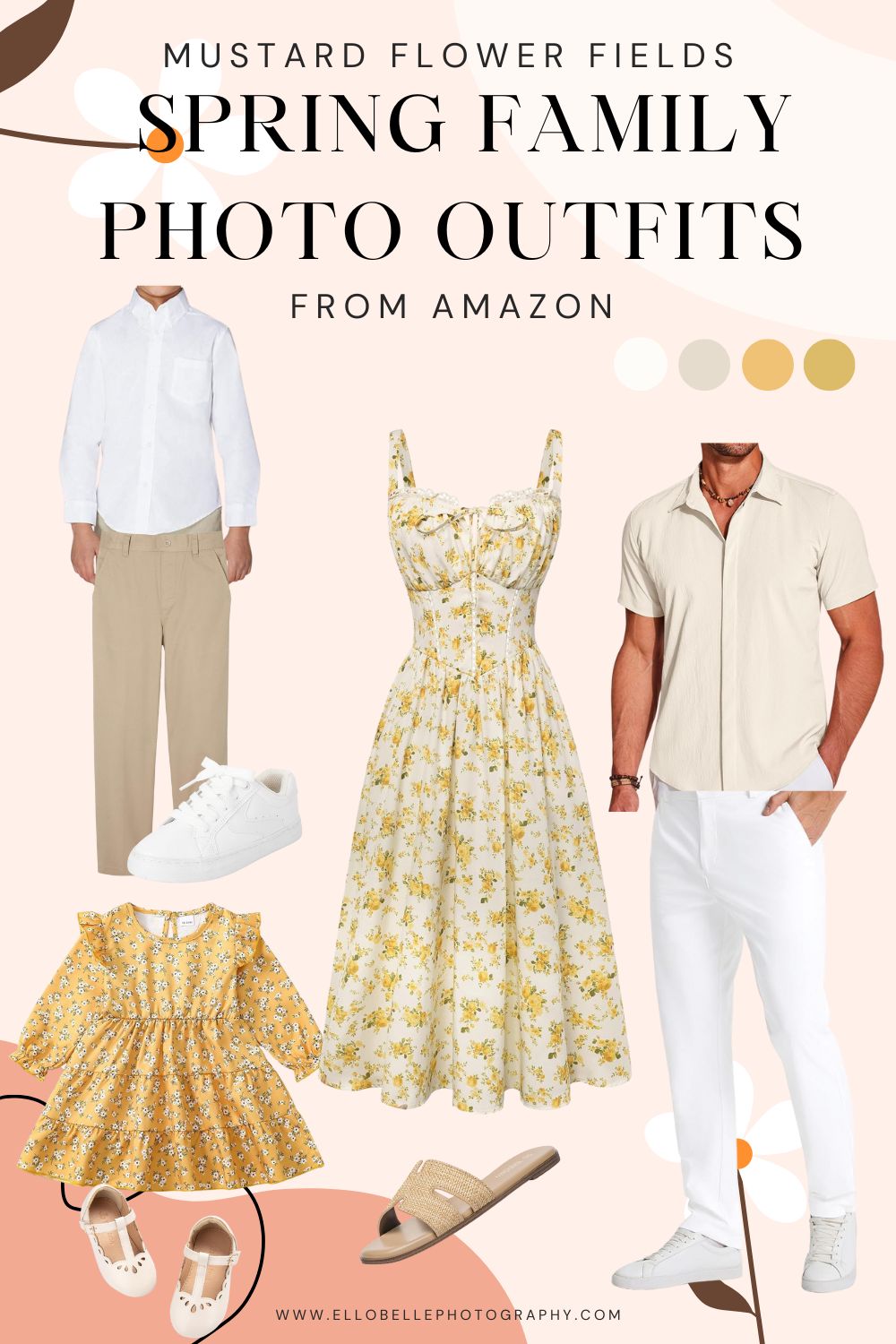 Spring Family Photo Outfits styled for mustard flower fields with yellow florals, neutral linen shirts, light pants, and comfortable white shoes.