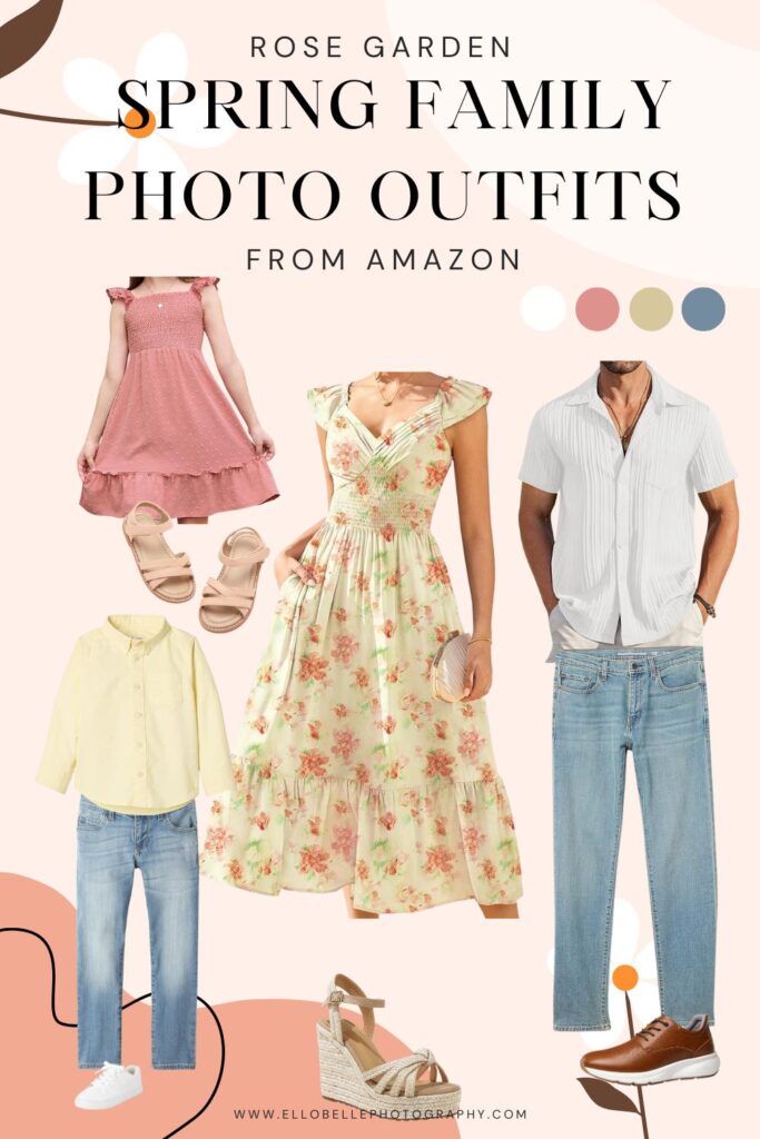 Coordinated rose garden outfits featuring blush and floral dresses, light denim, pastel tops, and neutral sandals for a cohesive family look.