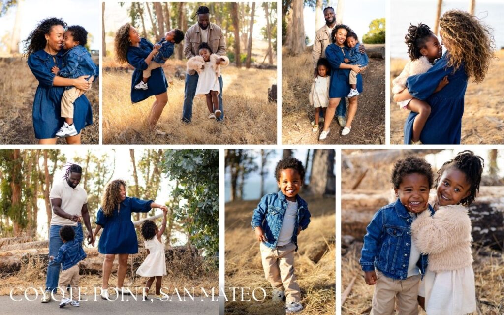 Family of four smiling, playing, dancing during a relaxed family session at Coyote Point, one of the most loved San Mateo Family Photo Locations.