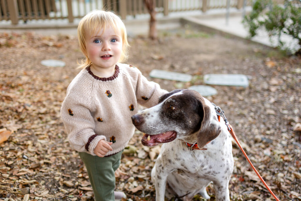 A toddler gently pets the family dog while standing nearby, sharing a calm and natural moment during an easy family photo session.