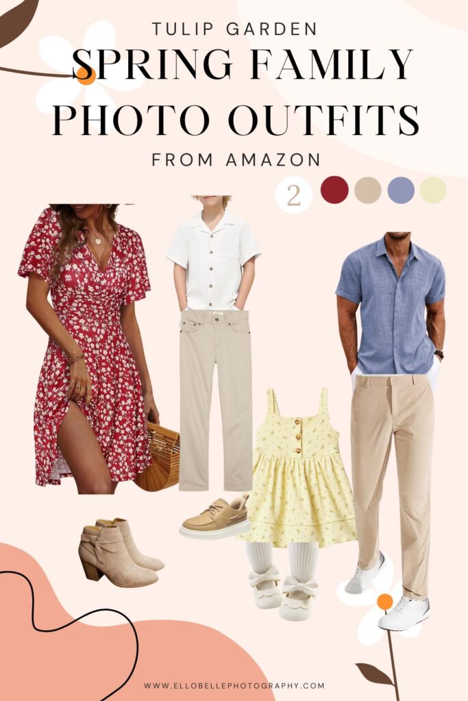 Tulip garden outfit board with a red floral dress, pastel children’s clothing, soft blue and beige outfits for dad, and neutral footwear.