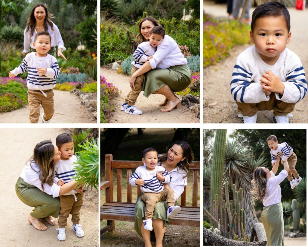 Mom and toddler exploring garden paths during a relaxed Peninsula family photo session with soft natural light and playful moments.