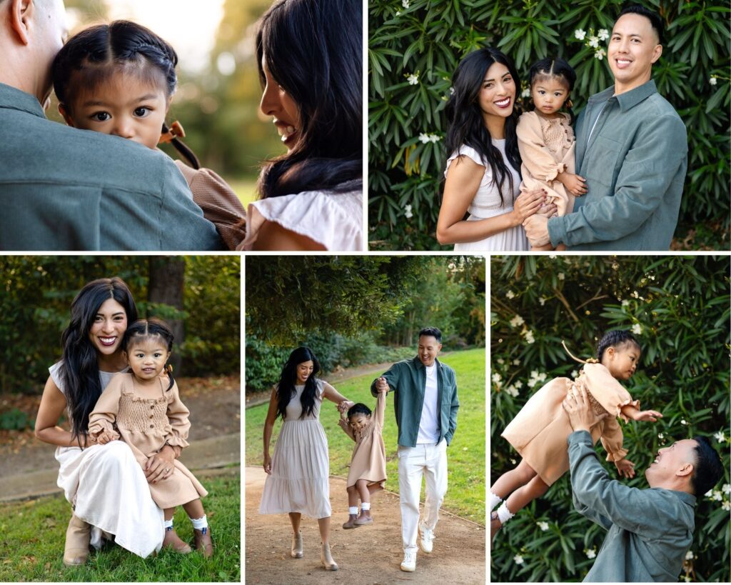 Family of three sharing playful and affectionate moments in a lush garden setting with soft natural light on the San Francisco Peninsula.
