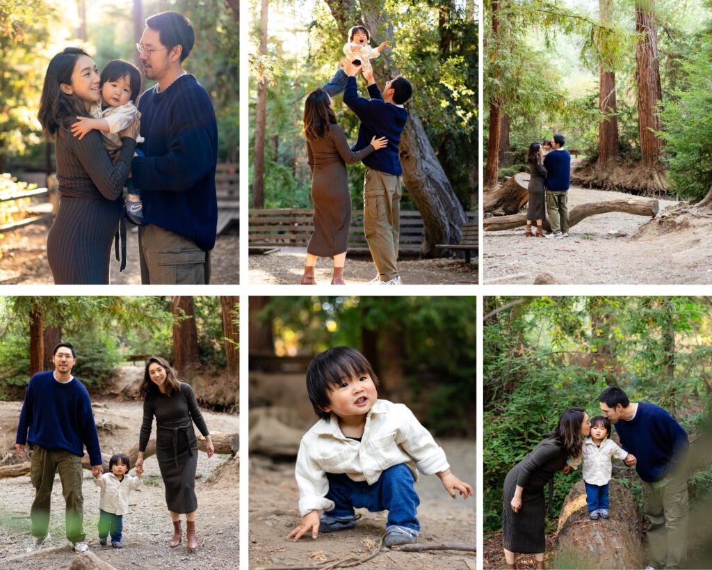 Family of three exploring shaded redwood trails during a relaxed forest photo session on the Peninsula.