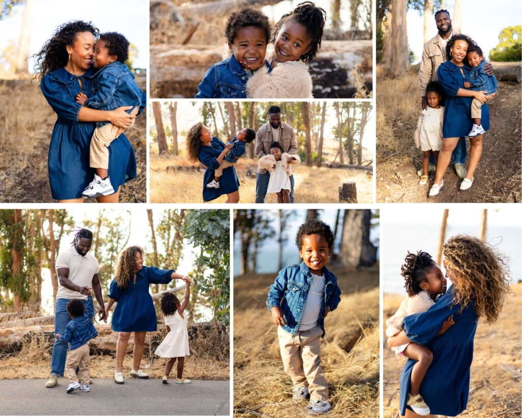 Joyful family of four playing together in golden grass at sunset in a natural open park setting on the Peninsula.