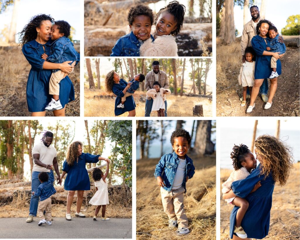 San Mateo family photos at Coyote Point Beach with children playing near the shoreline and eucalyptus trees, San Francisco Bay Area family photographer