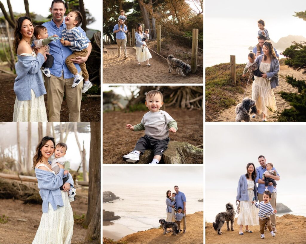 San Francisco family photos at Lands End and Miles Rock Beach with coastal cliffs, ocean views, and golden sunset light, Bay Area family photographer