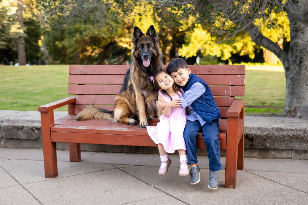 wo siblings sit closely together on a wooden bench with their family dog, smiling and hugging during a relaxed outdoor family session at one of the Burlingame Family Photo Locations