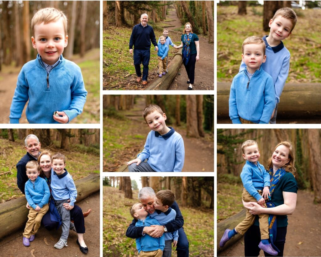 A collection of family portraits in Lovers Lane Presidio Wood Line shows two young boys smiling, parents walking hand in hand with their children along a forest path, and sweet candid hugs among tall trees