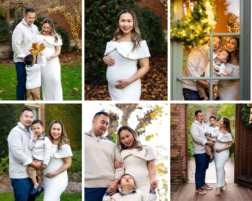 Pregnancy photos at Filoli Gardens featuring a family with toddler among fall leaves and glowing holiday lights in a historic garden setting.