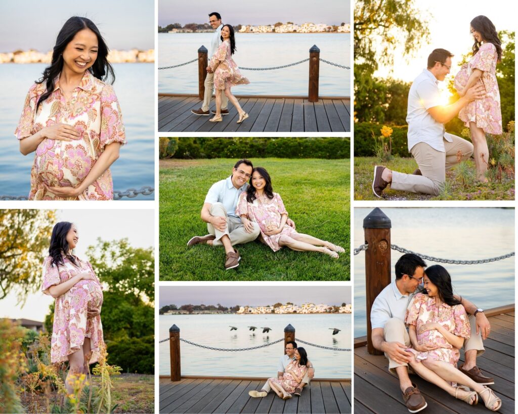 Golden hour maternity session by the water at Leo J. Ryan Park in Foster City with warm sunset light reflecting on the lagoon in San Mateo County.