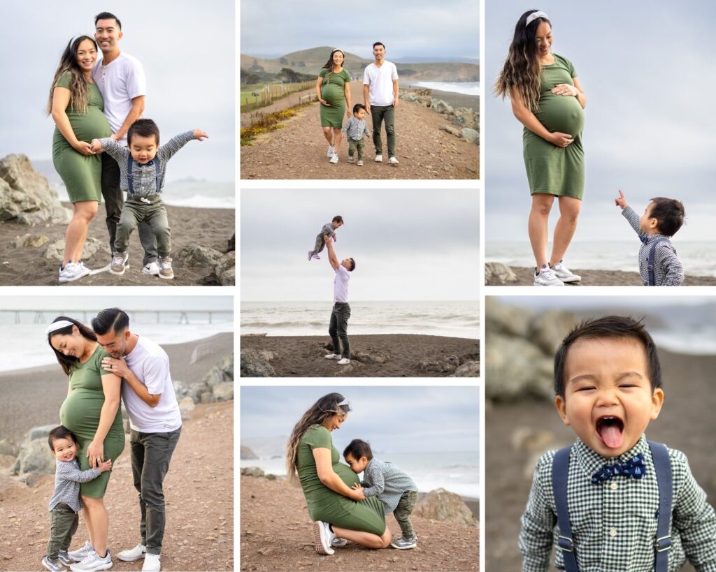 Coastal maternity photos at sunset in San Mateo County at Mori Point in Pacifica with parents and toddler walking along ocean bluffs.