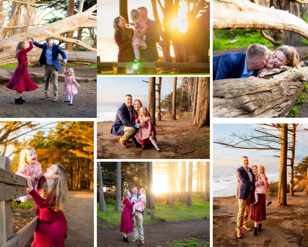 Sunset maternity photos in San Mateo County at Cypress Tree Tunnel in Moss Beach with warm golden light filtering through coastal trees.