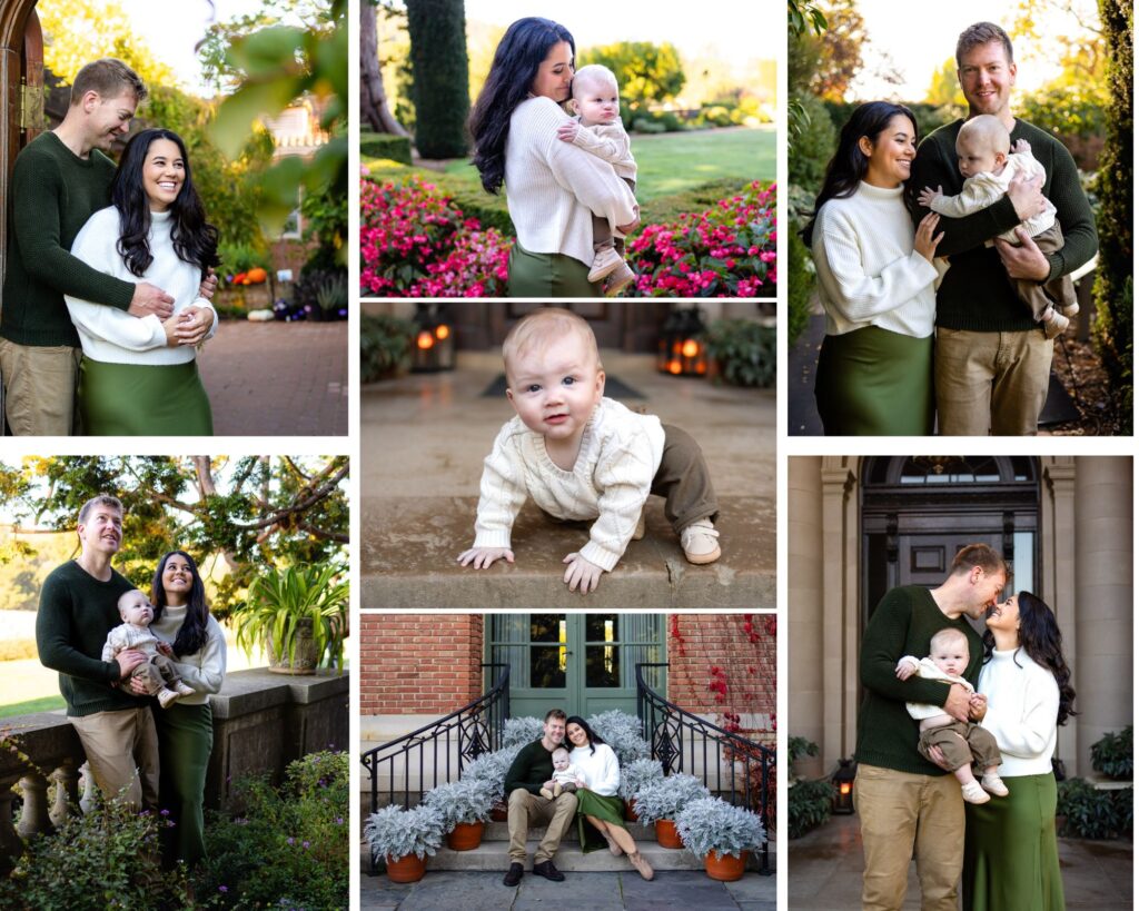 A collage of a Filoli Woodside family of three during an outdoor garden session, with parents wearing coordinated green and cream outfits while holding and cuddling their baby among vibrant pink flowers, ivy covered brick, and elegant stone architecture, including close up portraits of the baby crawling and sweet moments of the parents smiling and embracing on a front step surrounded by potted plants.