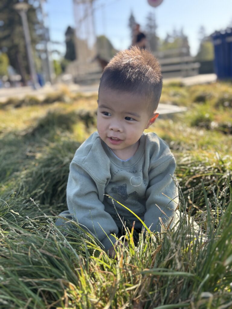 A toddler sitting in tall grass with soft, natural sunlight highlighting his hair, demonstrating how to capture honest moments with an iPhone.