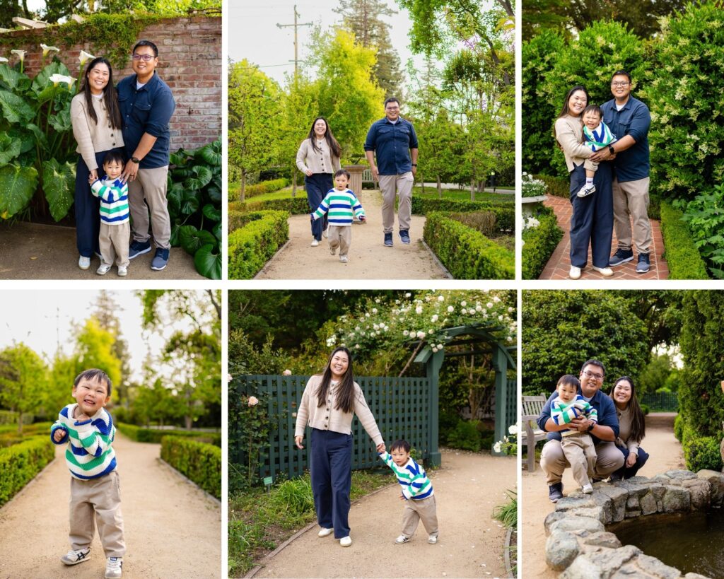 Family session in the blooming gardens at Gamble Garden in Palo Alto.