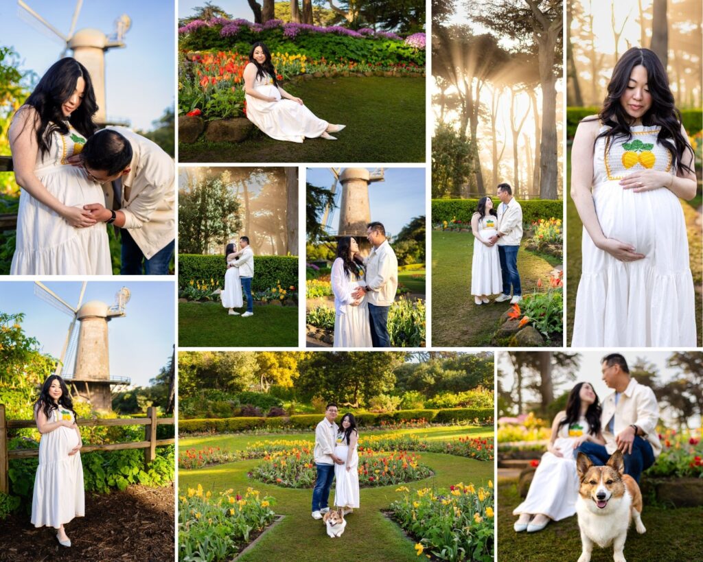 Family portraits surrounded by colorful tulips at Queen Wilhelmina Garden in San Francisco.