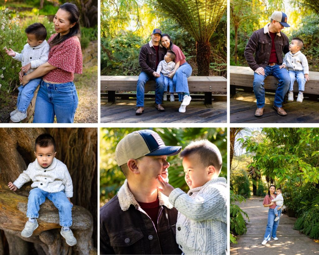 Family portraits among lush gardens at the San Francisco Botanical Garden.
