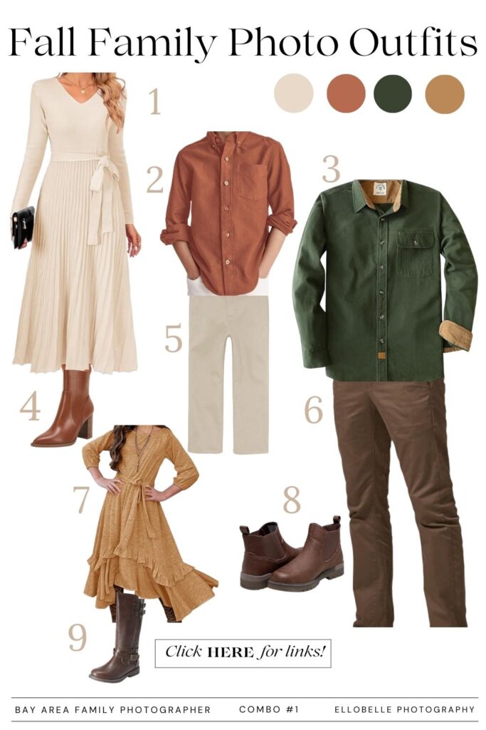 Olive green and neutral Fall Family Photos Outfits with coordinating sweaters and boots.