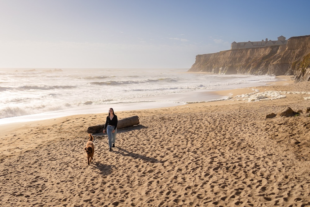 Woman walking her dog along the wide sandy shoreline at Half Moon Bay State Beach.